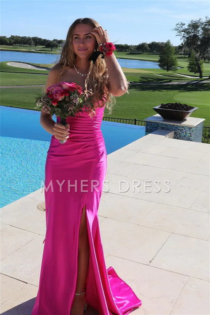 My Hers Ladies Formal Dress Sheath Strapless Pleated Satin Side Fork Long Elegant Prom Dress