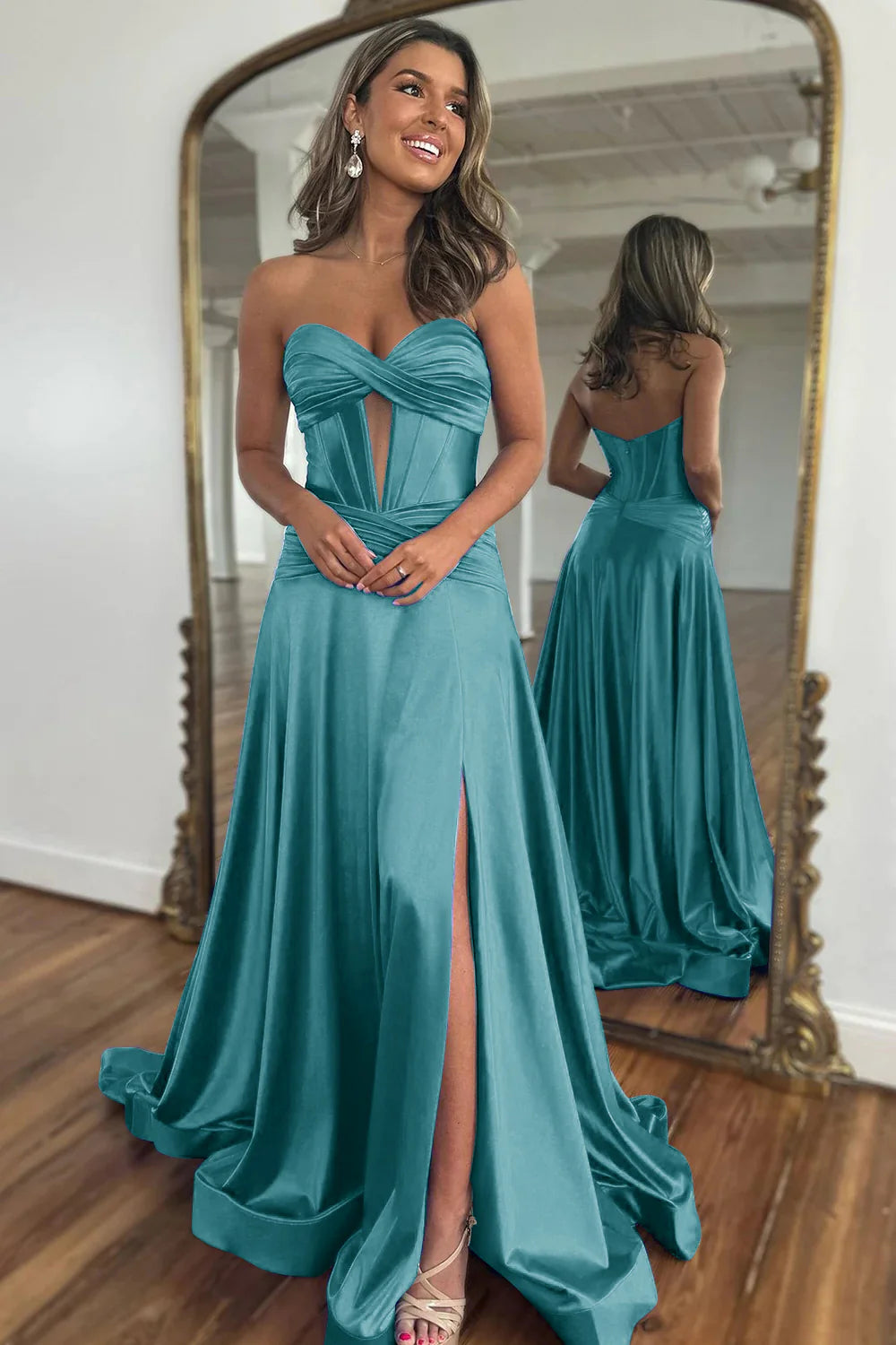 Peacock Sweetheart Zipper Back A-Line Off-the-Shoulder Long Satin Prom Dress With Split