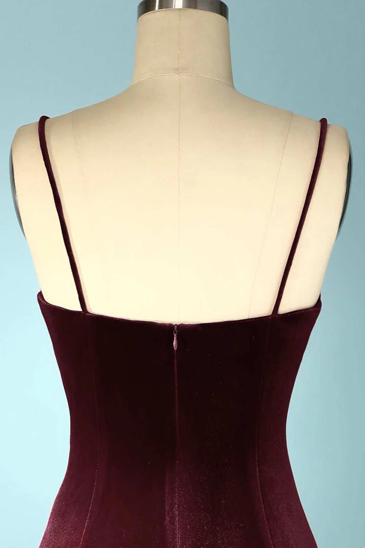 Burgundy Velvet V-Neck Straps Long Bridesmaid Dress with Slit