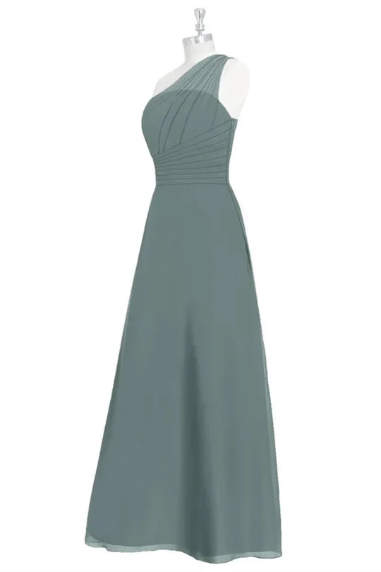 Dark Sage Green Chiffon One-Shoulder A-line Long Bridesmaid Dress