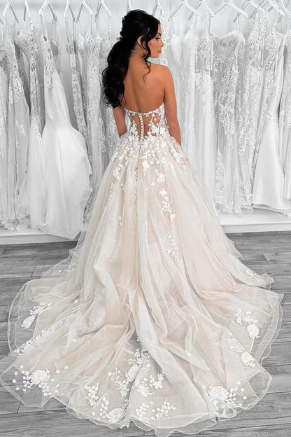 Elegant A-Line V-Neck Off-the-Shoulder Strapless Tulle Lace Floor-Length Wedding Dresses