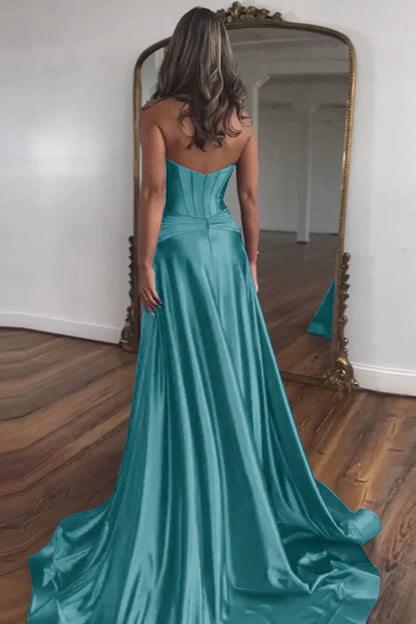 Peacock Sweetheart Zipper Back A-Line Off-the-Shoulder Long Satin Prom Dress With Split