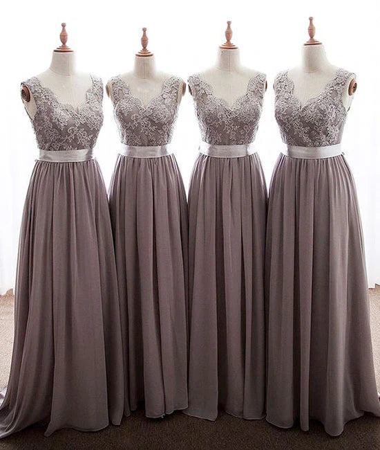 Simple V Neck Lace Chiffon Long Prom Dress Bridesmaid Dress