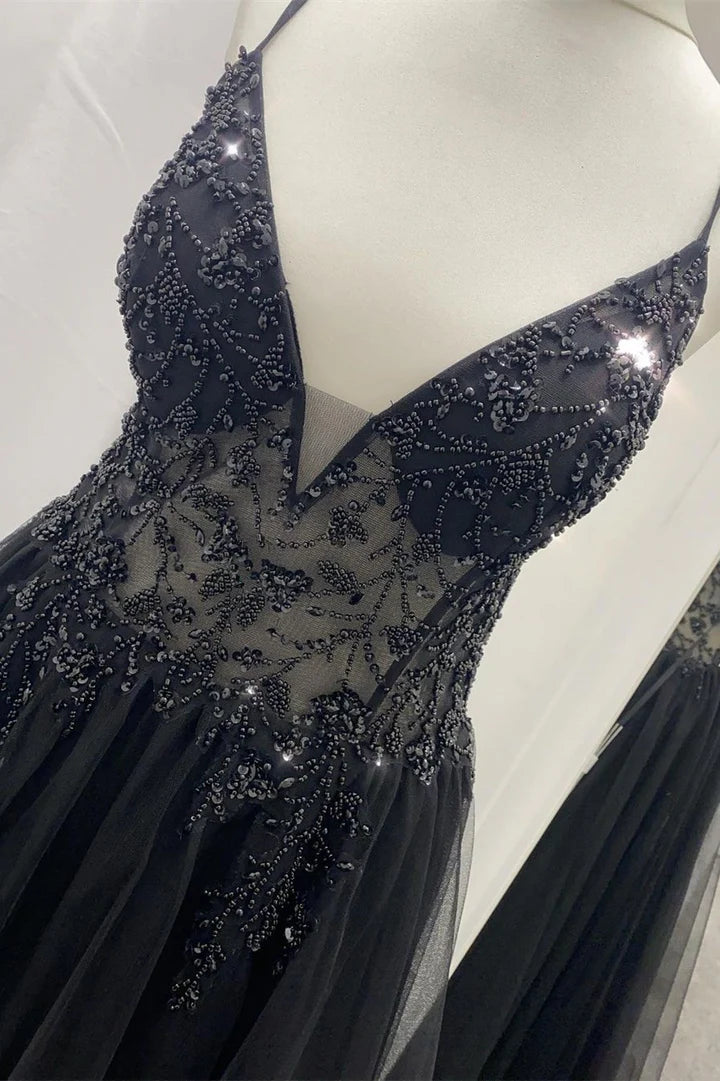 Elegant  Tulle Beaded V-Neck Long Prom Dress