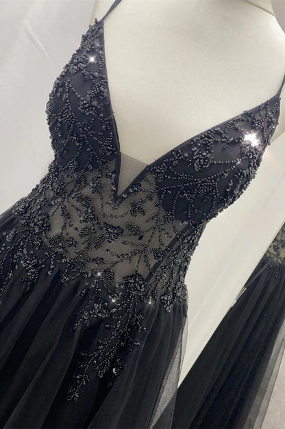 Elegant  Tulle Beaded V-Neck Long Prom Dress