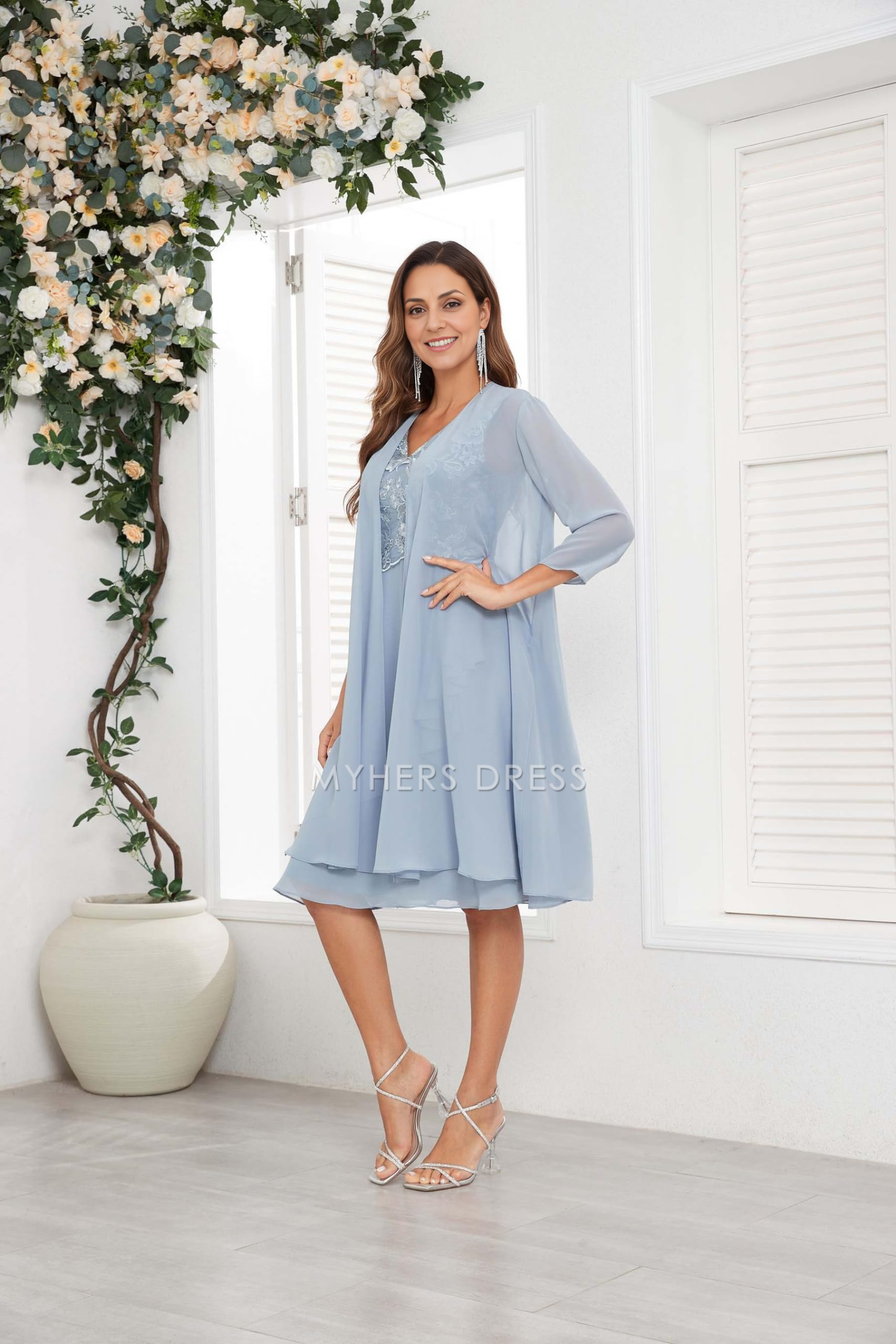 My Hers New Product Mother of The Bride Dress 2 Pieces Knee Length Lace Chiffon Ruched Adoration Elegant Wedding Guests Dresses