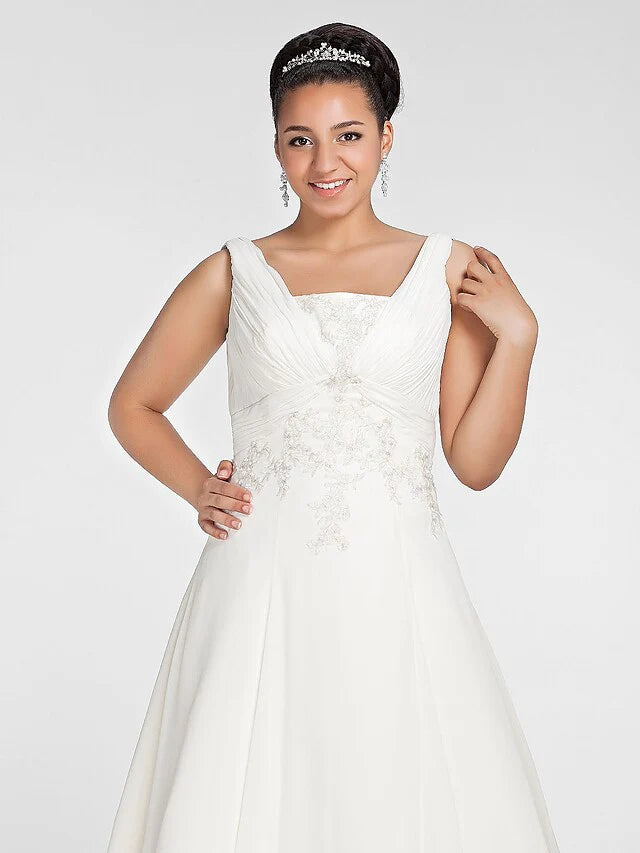 A-Line Wedding Dresses Square Neck Chapel Train Chiffon Sleeveless with Beading Draping Appliques