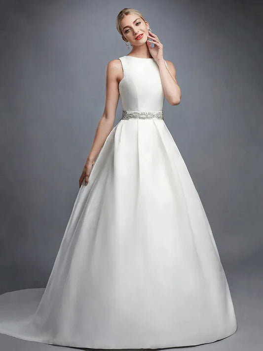 Ball Gown Wedding Dresses Bateau Neck Court Train Lace Satin Regular Straps Formal Backless with Lace Sash Ribbon Beading