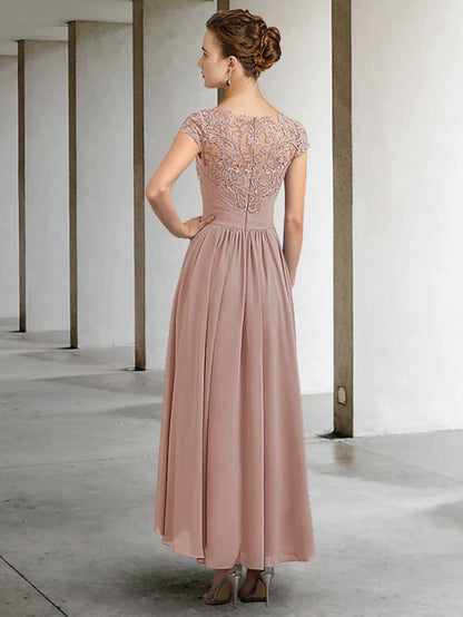 A-Line Mother of the Bride Dress Elegant Jewel Neck Asymmetrical Chiffon Lace Half Sleeve with Pleats Appliques