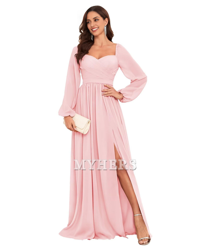 Sweetheart Long Sleeve Pleated Side Fork Chiffon Elegant Bridesmaid Dresses Wedding Guests Dresses