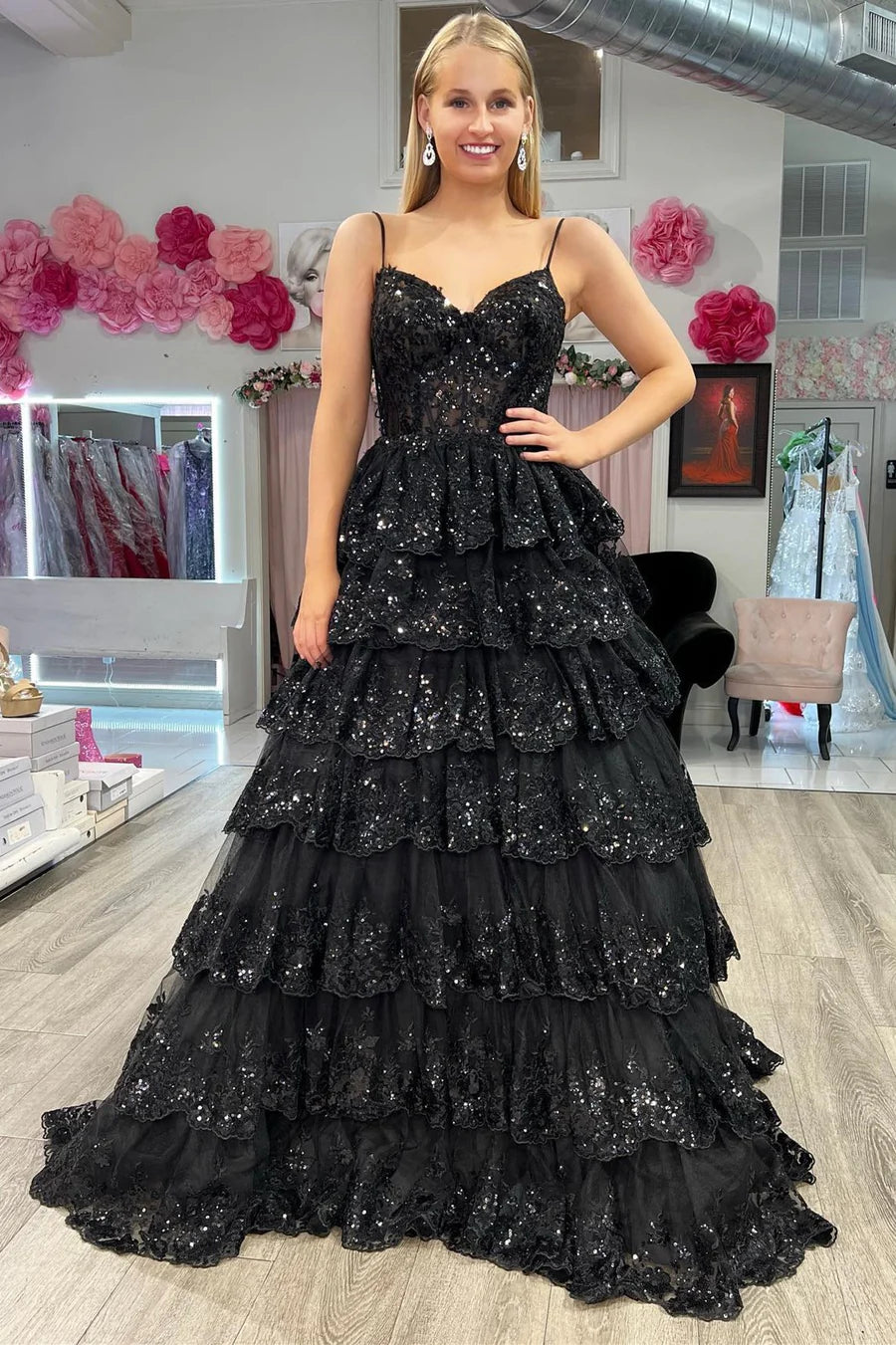 Tulle Sequin Tiered Long Gown with Spaghetti Straps
