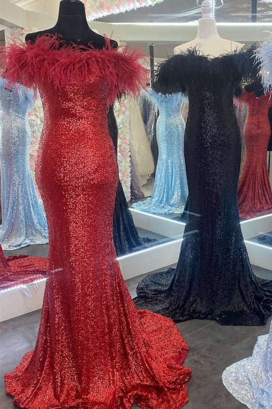 Sequin Off-the-Shoulder Feathers Mermaid Long Prom Gown