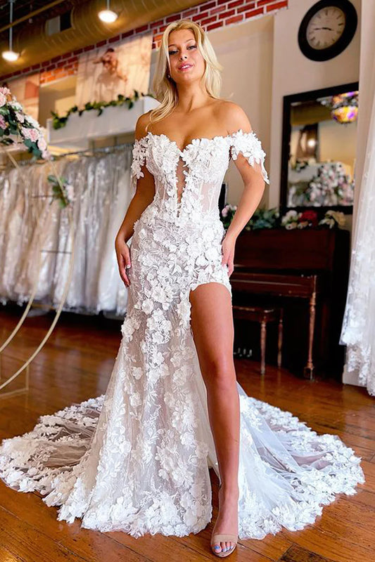 Gorgeous Mermaid V Neck Off-the-Shoulder Cap Sleeves Lace Slit Wedding Dresses with 3D Appliques
