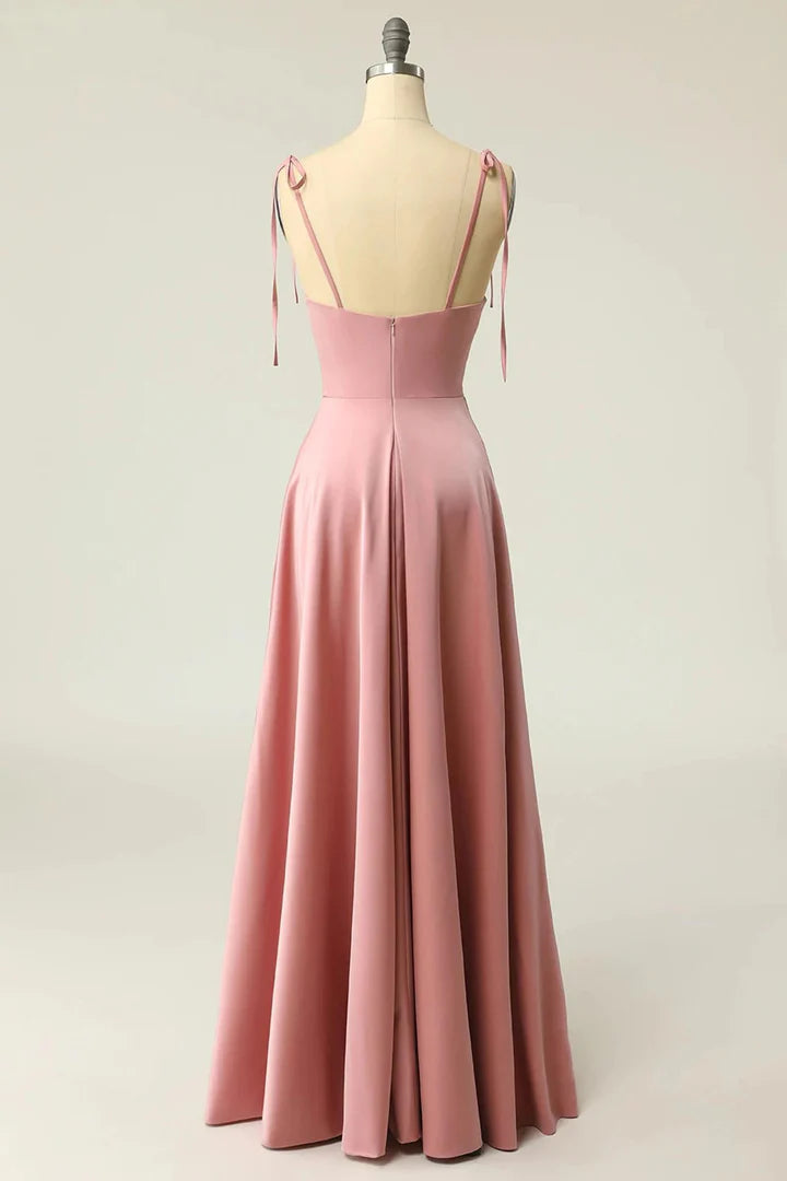 Peach Satin Square Neck Tying Straps Long Bridesmaid Dress