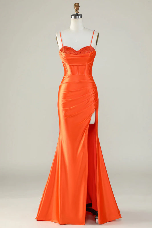 Orange Spaghetti Straps Mermaid Satin Sequins Long Prom Dress With Slit