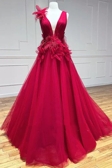 A-Line  Plunging Neck Long Prom Dress with Floral Appliques