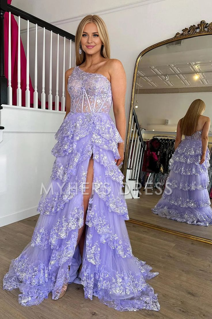 My Hers Ladies Formal Dress Mermaid One Shoulder Tulle Tiered Sequins Appliques High Quality Prom Dress