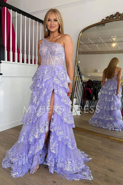 My Hers Ladies Formal Dress Mermaid One Shoulder Tulle Tiered Sequins Appliques High Quality Prom Dress