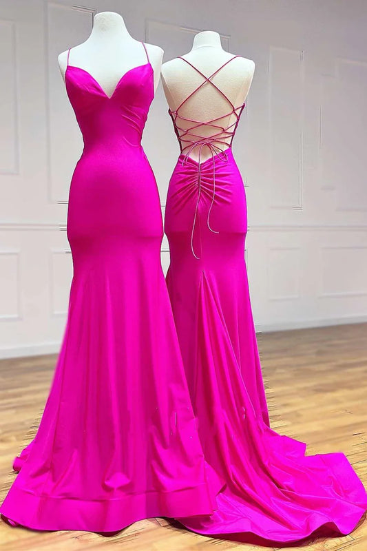 V-Neck Lace-Up Back Trumpet Long Prom Dress