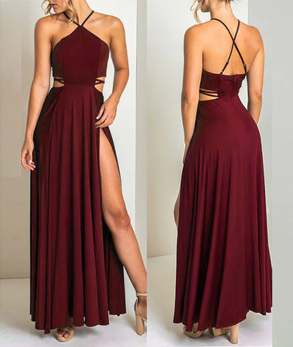 Evening Gown Dress Formal Prom Sleeveless Halter-Neck Floor Length Bridesmaid Dress with Slit