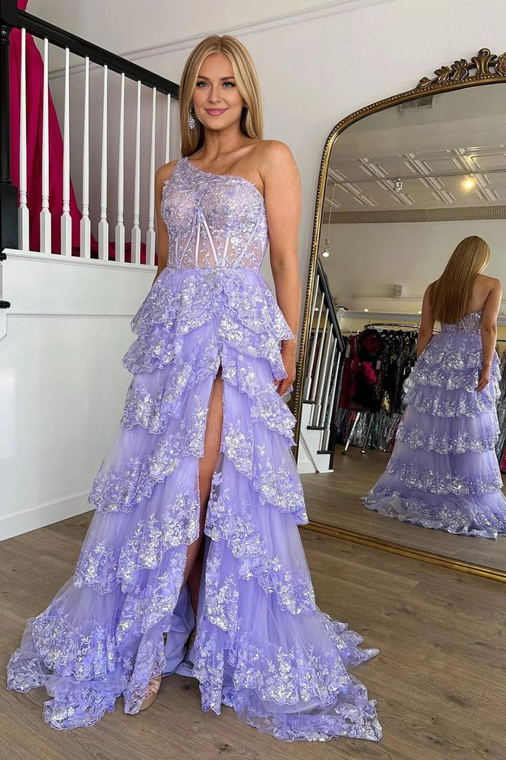 My Hers Ladies Formal Dress Mermaid One Shoulder Tulle Tiered Sequins Appliques High Quality Prom Dress