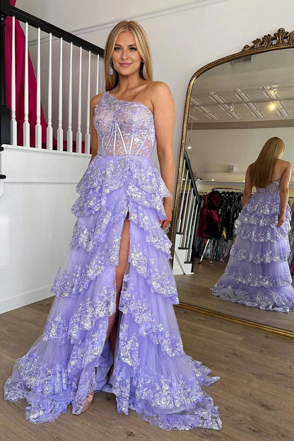 My Hers Ladies Formal Dress Mermaid One Shoulder Tulle Tiered Sequins Appliques High Quality Prom Dress