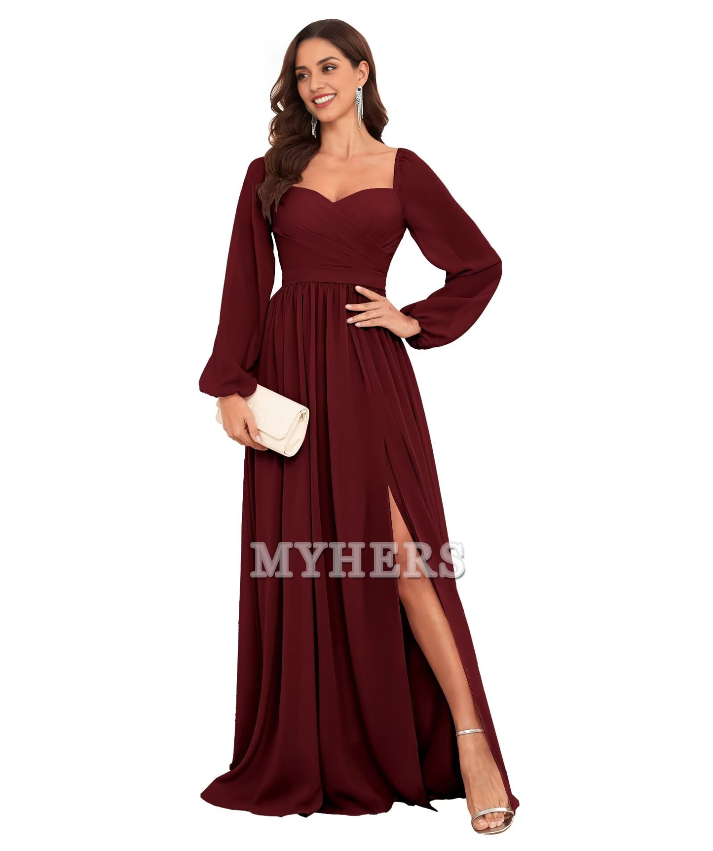 Sweetheart Long Sleeve Pleated Side Fork Chiffon Elegant Bridesmaid Dresses Wedding Guests Dresses