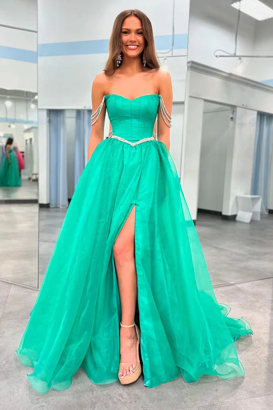 Charming A-Line Strapless Off-the-Shoulder Green Long Prom Dress with Beaded Straps