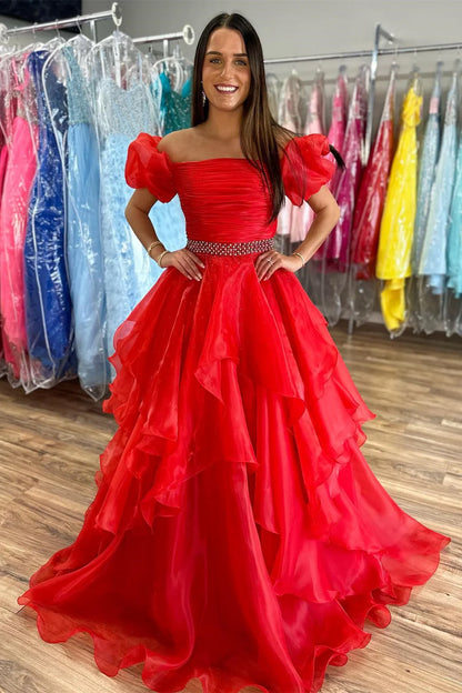 Off-the-Shoulder Puff Sleeve Multi-Layer Long Prom Dress