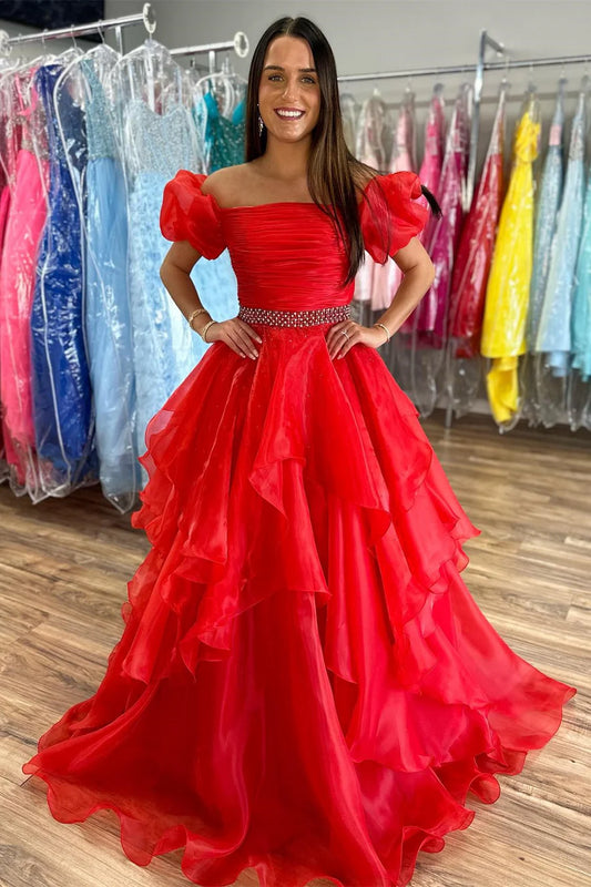 Off-the-Shoulder Puff Sleeve Multi-Layer Long Prom Dress