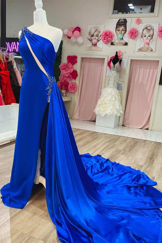 Beaded Keyhole Long Formal Dress with Attached Train