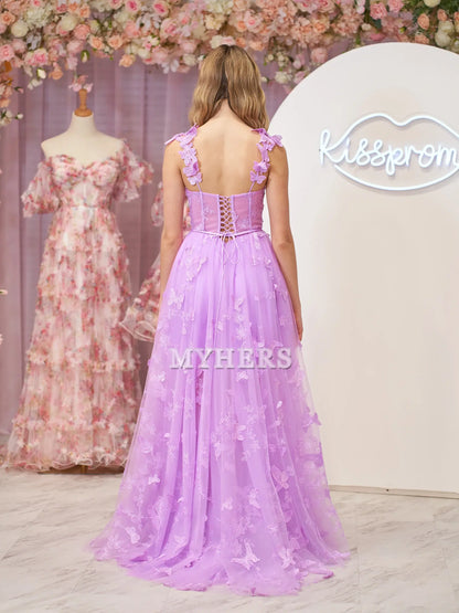 Formal Women's Dresses Wedding Guest Dresses A-line Butterfly Lace Lilac Corset Prom Dress Side Fork Sweep Train Romantic Evening Dress