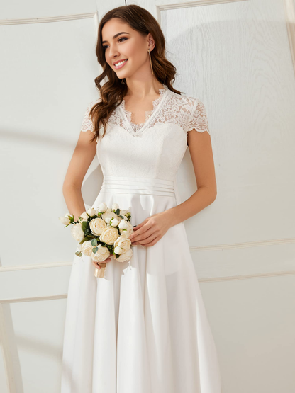 New Pattern Wedding Dress A-line V-neck Lace See-through Pleated Simple Formal Women's Dresses