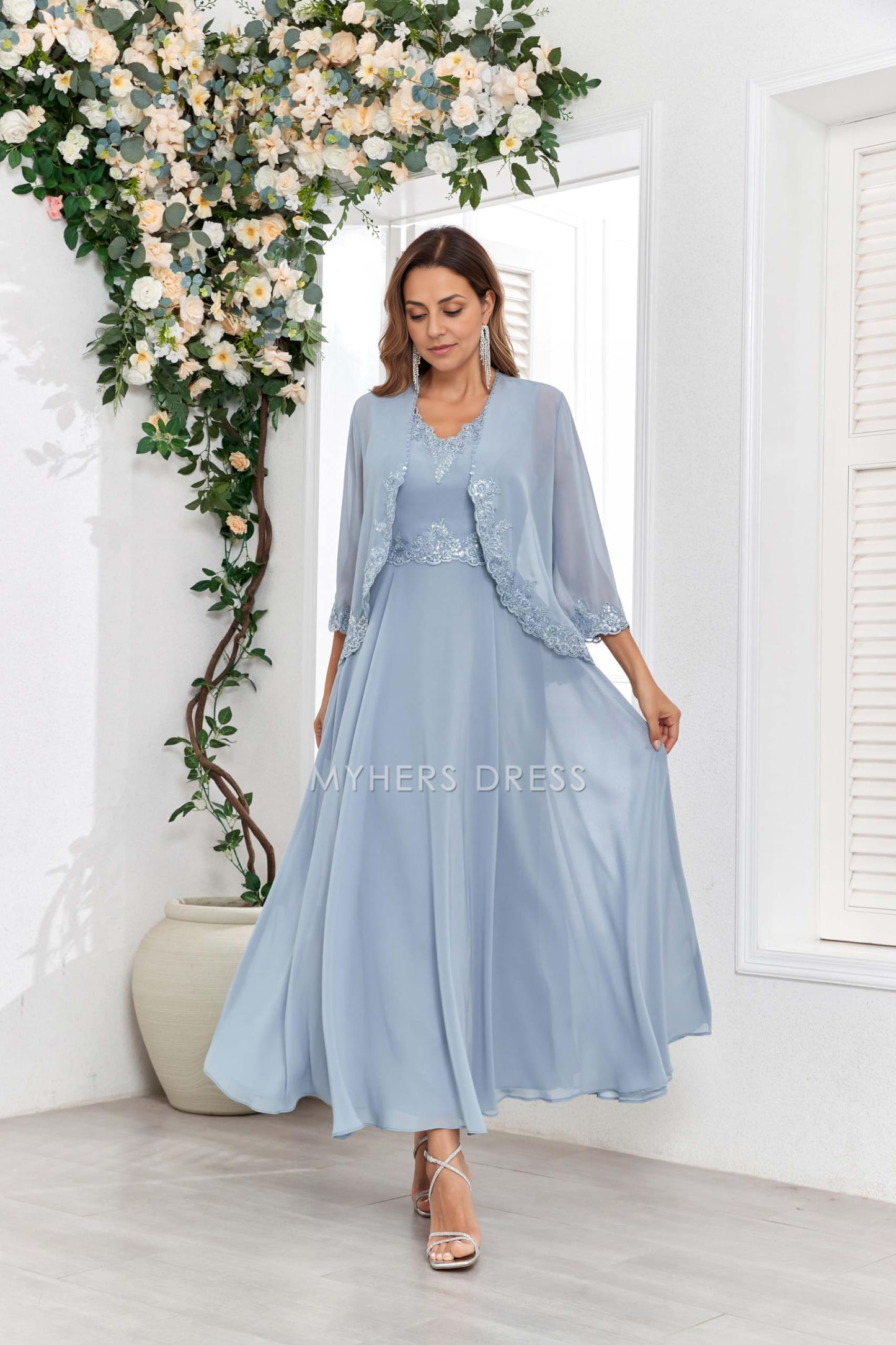 My Hers New Product Mother of The Bride Dress 2 Pieces with Jacket Sequins Lace Fashion Chiffon Wedding Guests Dresses