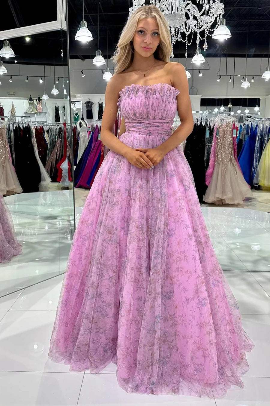 Print Strapless Ruffle A-Line Long Prom Dress
