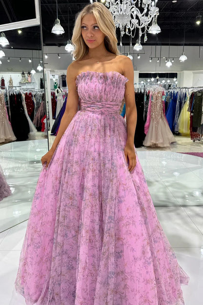 Print Strapless Ruffle A-Line Long Prom Dress
