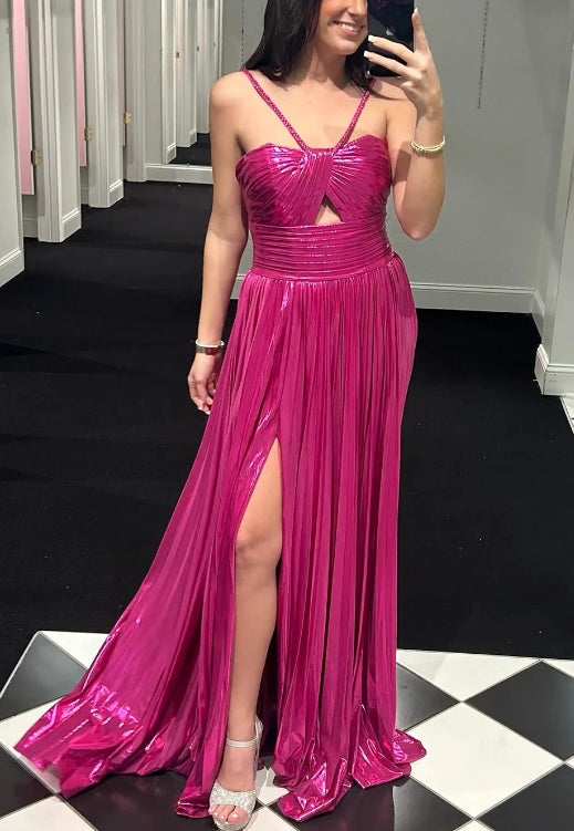 Fuchsia A-Line Spaghetti Straps Pleated Prom Dress with Slit