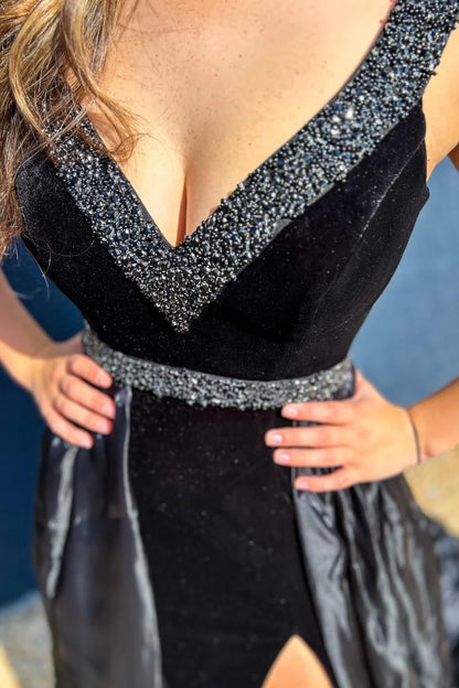 Velvet Beaded V-Neck Long Gown with Attached Train