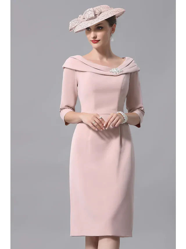 Mother of the Bride Dress Plus Size Elegant Vintage Scoop Neck Knee Length Jersey 3/4 Length Sleeve with Beading Crystal Brooch