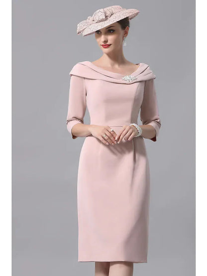 Mother of the Bride Dress Plus Size Elegant Vintage Scoop Neck Knee Length Jersey 3/4 Length Sleeve with Beading Crystal Brooch