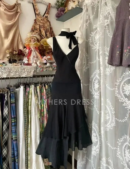 My Hers Prom Dress A Line Deep V Neck Elegant Formal Ruffle Elegant Ladies Formal Dress