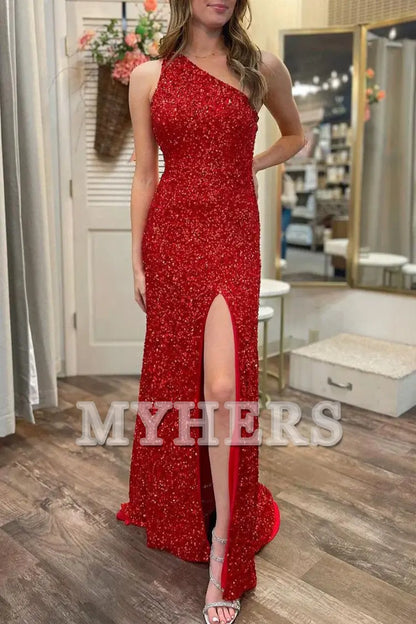 Formal Women's Dresses Wedding Guest Dresses Sequin One Shoulder Mermaid Long Sweep Train Prom Dresses Backless Side Fork Sparkle Evening Dress