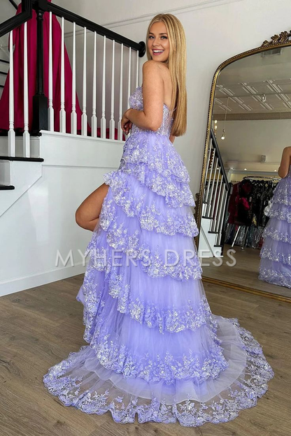 My Hers Ladies Formal Dress Mermaid One Shoulder Tulle Tiered Sequins Appliques High Quality Prom Dress