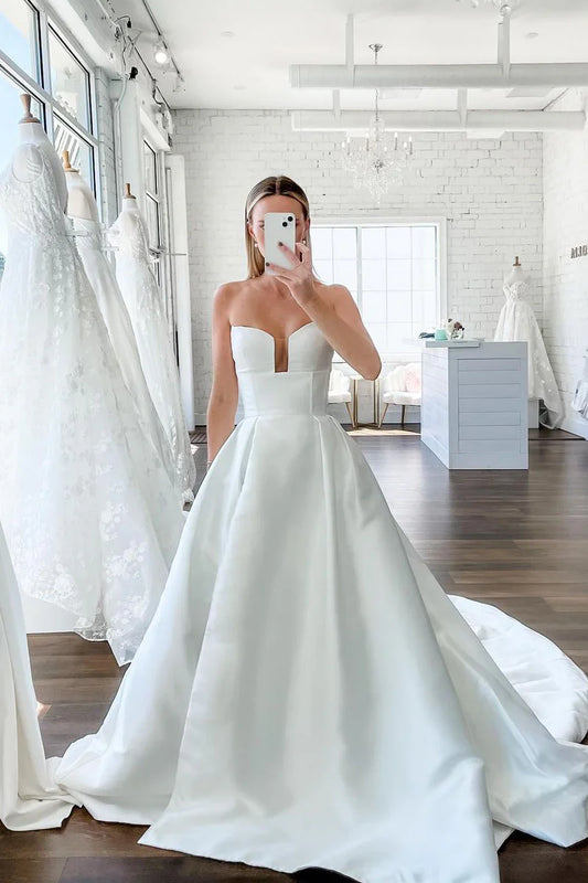 Elegant Ball Gown Sweetheart Neck Off-the-Shoulder Satin Mopping The Floor Wedding Dresses