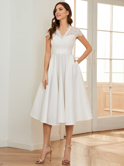 New Pattern Wedding Dress A-line V-neck Lace See-through Pleated Simple Formal Women's Dresses