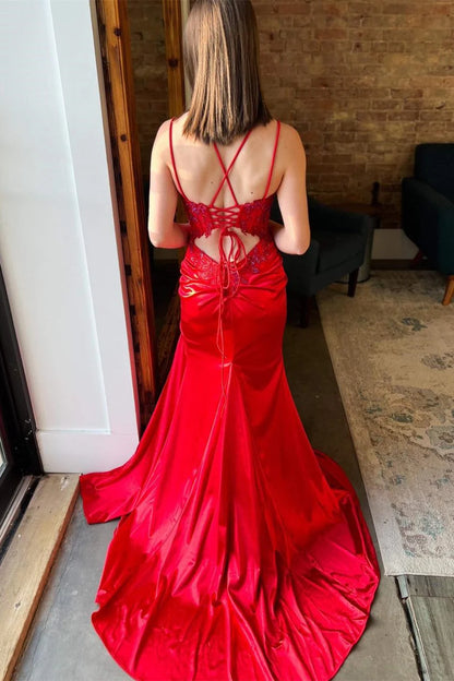 Appliques Lace-Up Mermaid Long Formal Dress with Slit