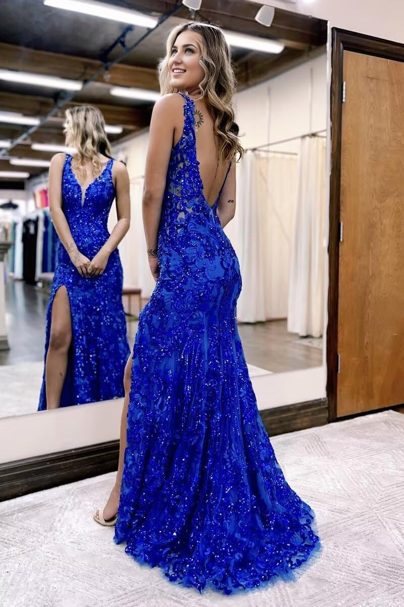 Wedding Guest Dresses V Neck Women's Sparkly Sequin Mermaid Prom Dresses Side Fork Long Sexy Backless Evening Dresses Formal Dresses