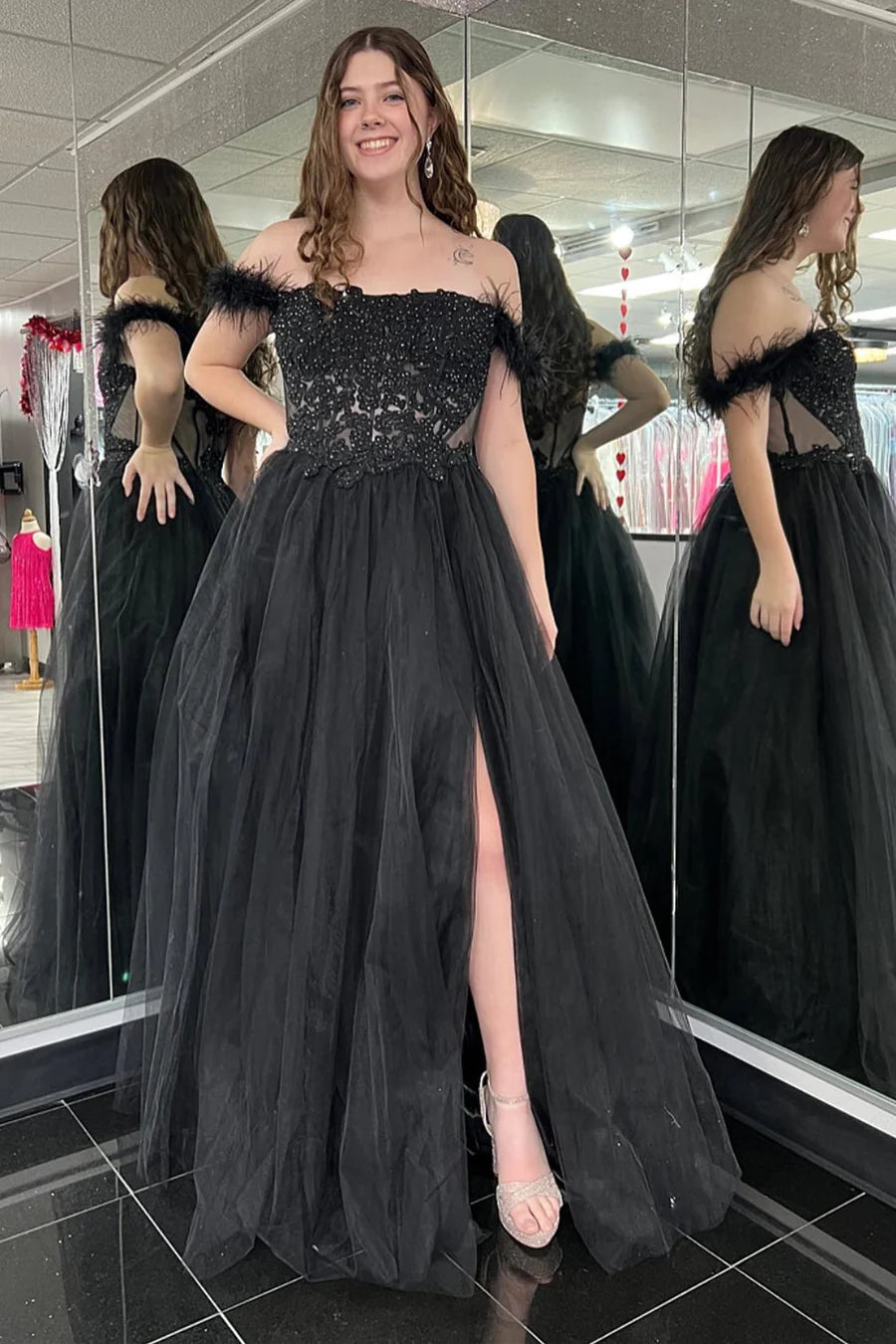 Lace Feather Off-the-Shoulder A-Line Prom Dress with Slit