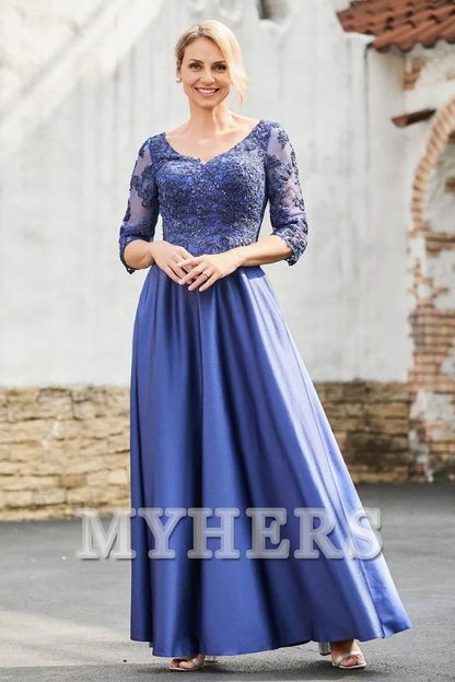 My Hers New Product Mother of The Bride Dress A-Line Satin V-neck Delicate Lace Applique Dress Elegant Wedding Guests Dresses
