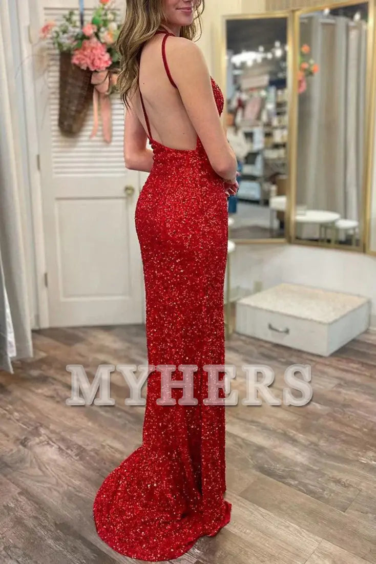 Formal Women's Dresses Wedding Guest Dresses Sequin One Shoulder Mermaid Long Sweep Train Prom Dresses Backless Side Fork Sparkle Evening Dress